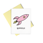 Letterpress greeting card with a doodle of a cute pink rocket ship blasting off and Byeeeee written underneath