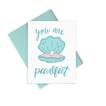 You Are Pearlfect is a cute greeting card with a blue clam shell, hand lettering, and a blue envelope.