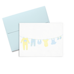 Baby cards showing a clothing line full of yellow and light blue baby clothes and accessories.