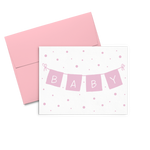 Baby cards showing a light pink banner that spells Baby and surrounded by light pink confetti