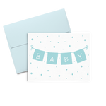 Baby cards with a light blue banner that spells Baby and surrounded by light blue confetti