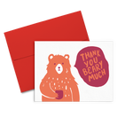 Thank You Beary Much is a cute thank you card with a bear holding a coffee cup with a red envelope.