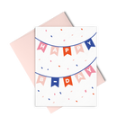 Letterpress greeting card showing a banner strung from one side to the other and back again that reads Happy B-Day on colorful pennants with confetti all around