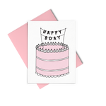 Letterpress greeting card showing a pink three tiered birthday cake with a banner hanging over the cake that reads Happy Bday