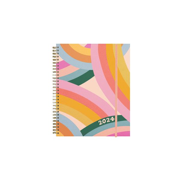 A visual of the inside of rainbow swipe planner that includes an interior pocket with stickers, monthly dashboards, habit trackers, calendar grids, spreads and more!
