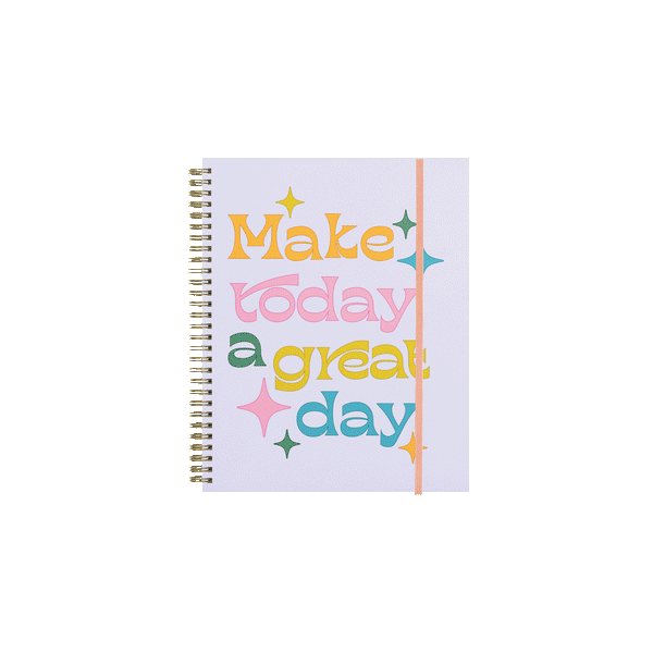 A visual of the inside of the Great Day 2024 Dated Goal Getter planner that includes an interior pocket with stickers, monthly dashboards, habit trackers, calendar grids, spreads and more!