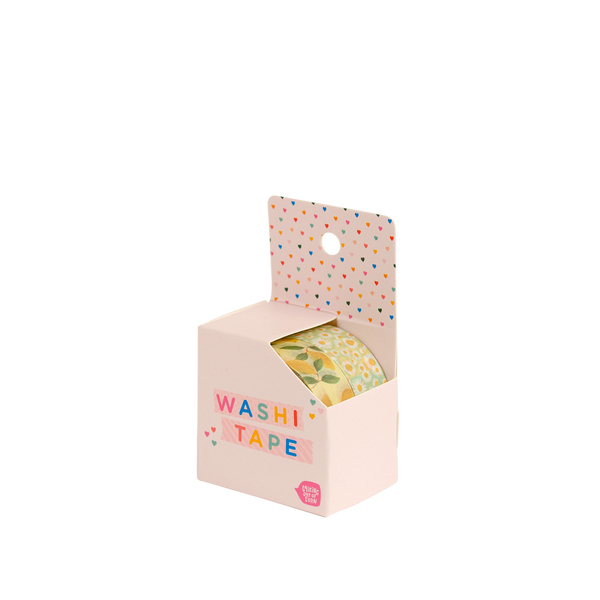 A washi tape display box with two rolls of a lemon and floral designed tape. 