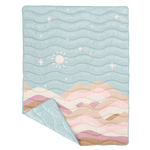puffy quilted blanket in a with a light blue sky with the sun and stars and different shades of browns and pinks as the hills along the bottom.