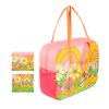 large ripstop travel bag in pink with floral and swirl print in pink, yellow and orange with orange handles and folds into it's own pouch