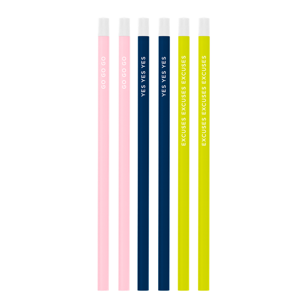 Six pack of pencils in blush pink, navy blue, and citron green with funny words print.