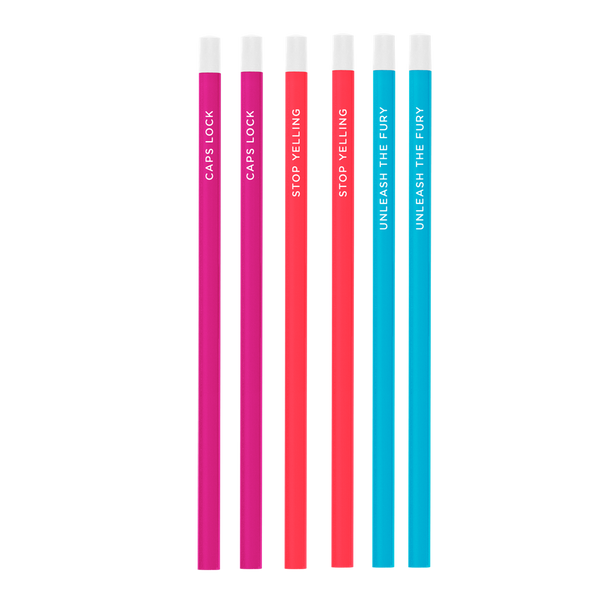 Six pack of colorful pencils in purple, coral, and aqua blue.