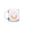 A glass mug with the words day dreamers club printed in an oval in pink and yellow colors in the middle of the glass.