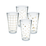 Set of 4 pint glasses with gold print designs.
