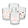 Set of 4 rocks glasses with its all good, terrazzo, sundrops, and no worries designs.