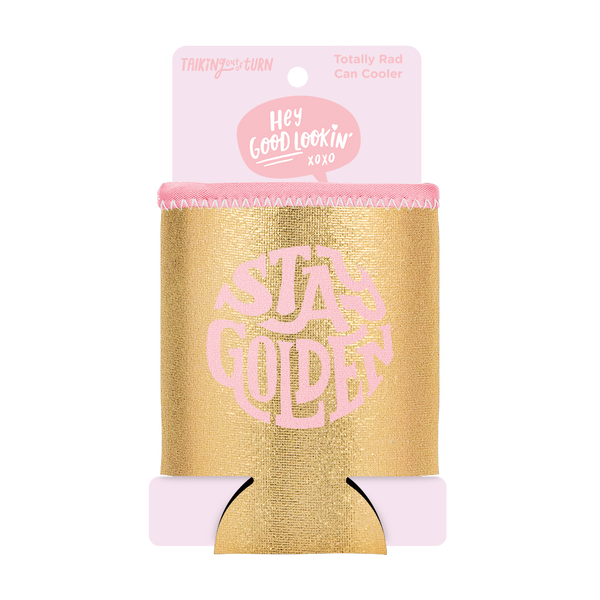 Stay Golden Metallic Can Cooler comes packaged in a cute pink cardboard sleeve.