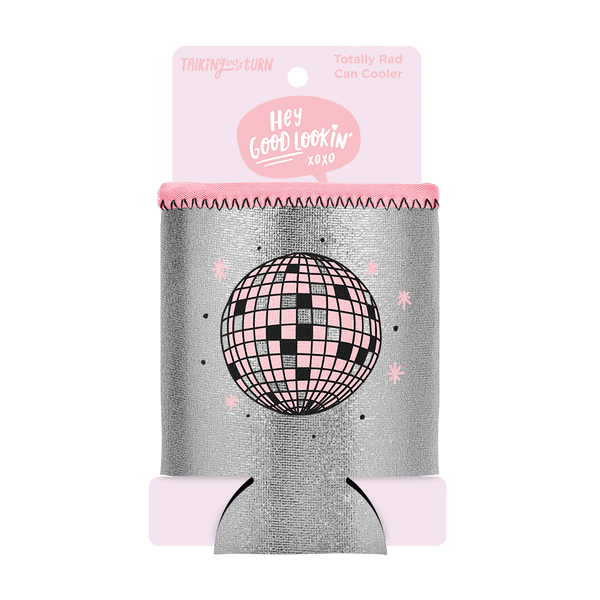 Disco Ball Metallic Can Cooler comes packaged in a cute pink cardboard sleeve.