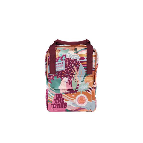 A jewel-toned backpack with a front pocket. Designed with succulents, rainbow arches and abstract lines.