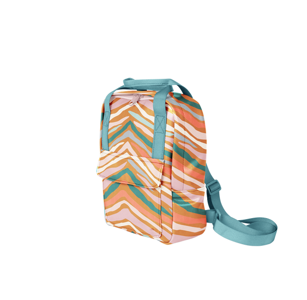 A multi-colored, animal-like printed mini backpack with a front pocket and bright blue shoulder straps.