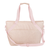 A pink and cream cross stitched tote bag with light pink straps.