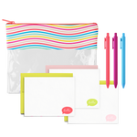 A clear vinyl pouch with curvy, rainbow lines on the top, three greeting cards sets in pink and green, and a Coral Pink, Luxardo, and Bright Blue color Jotter pen. 
