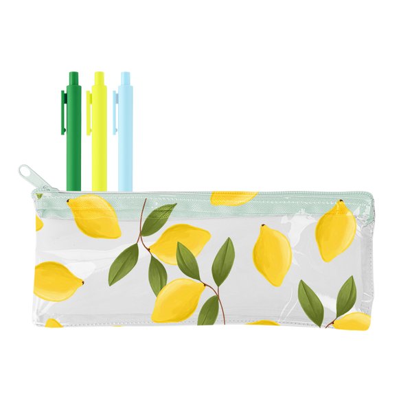 Lemons Pixie Pouch with three jotter pens in it: Grass Green, Citron and Powder Blue.