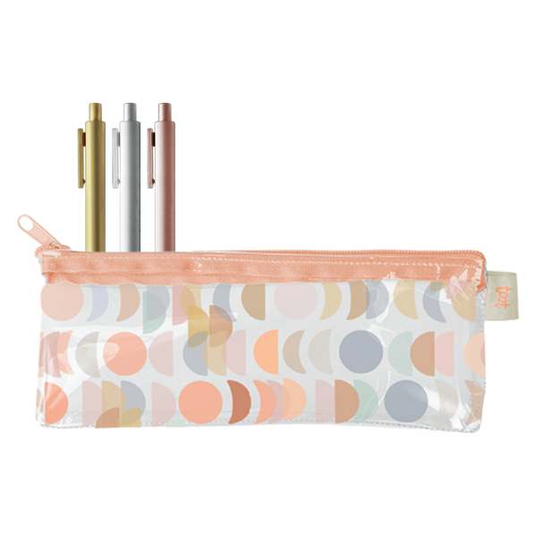 Many moons clear vinyl pixie pouch with three jotter pens inside, gold, silver and rose gold