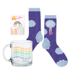 Nice Mug Kit with glass coffee mug, cute socks, and an enamel pin