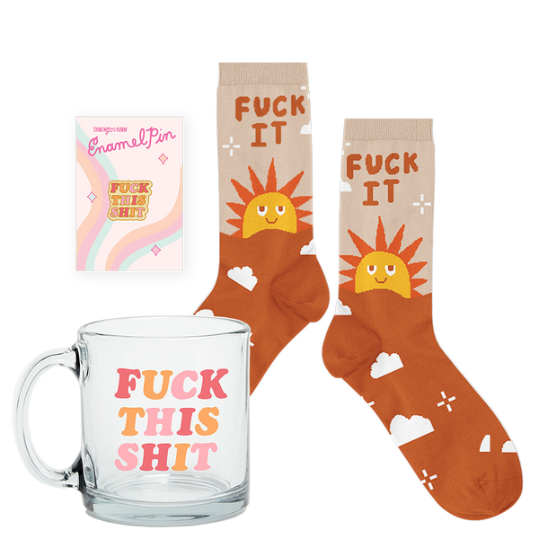 Naughty Mug Kit with glass coffee mug, sassy socks, and an enamel pin