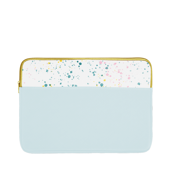 Powder blue laptop sleeve with white paint splatter trim, a gold zipper, and 13 inch size.