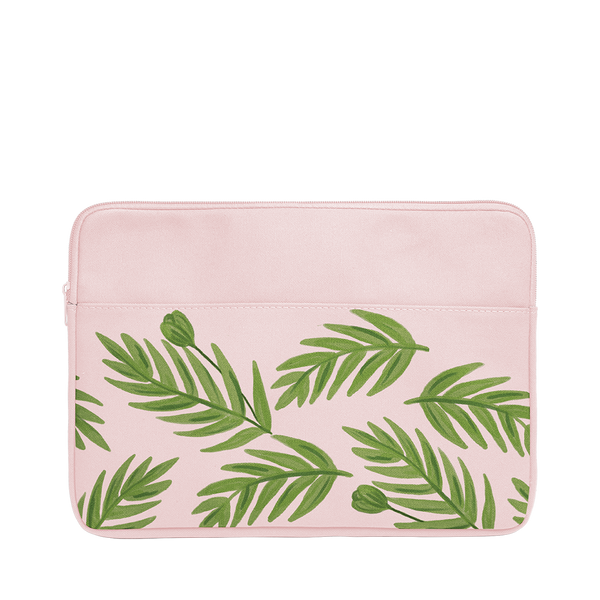 Buds Laptop Sleeve is a blush pink laptop sleeve with green leaf pattern in 13 inch size.
