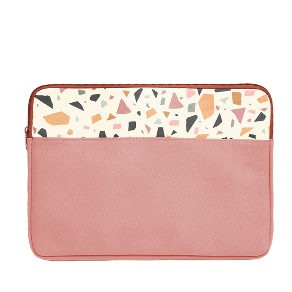 Terrazzo Laptop Sleeve is a red vegan leather with cream terrazzo detail in 15 inch size.