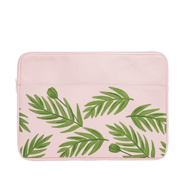 Buds Laptop Sleeve is a blush pink laptop sleeve with green leaf pattern in 15 inch size.