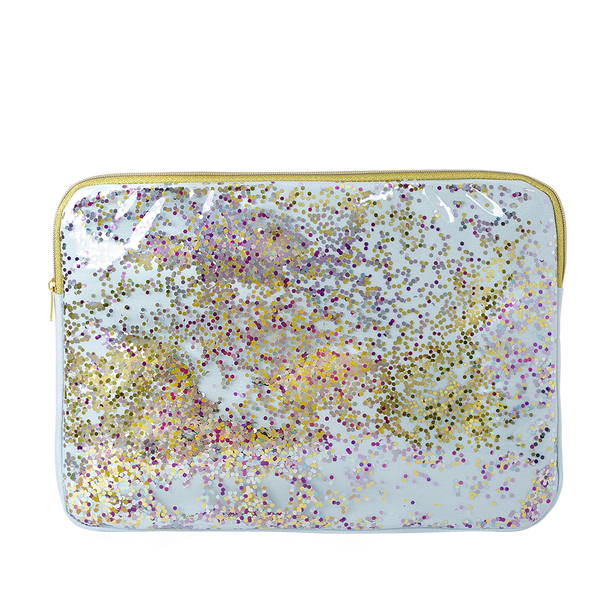Clear vinyl laptop sleeve with light blue canvas lining and rainbow glitter confetti with gold zippers in 15 inch.