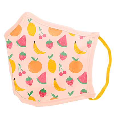 A pink facemask with bananas, oranges, watermelon, strawberries and cherries. 