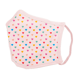 A pink facemask with rainbow themes tiny hearts. 