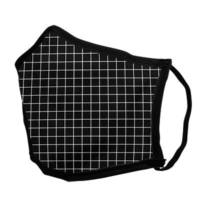A black and white grid facemask on a blank background