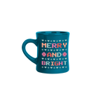 Blue mug that says "Merry and Bright" In Multicolors