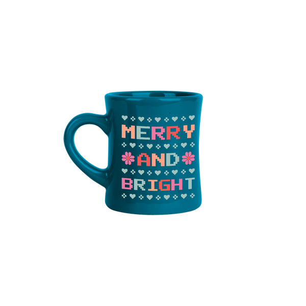 Blue mug that says "Merry and Bright" In Multicolors