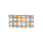 Multi-color checkered puffy pouch, white daisies illustrated within checkers. Blue zipper enclosure.
