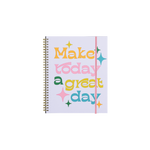Purple calendar cover with colorful  "Make today a great day" and a pink strap.