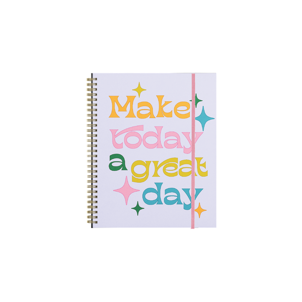 Purple calendar cover with colorful  "Make today a great day" and a pink strap.