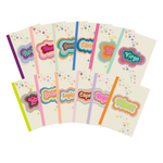 A collection of multicolored Astrological sign notebooks with a cream colored background and simple stars printed diagonally across the cover from the upper left corner, going down to the lower right corner.