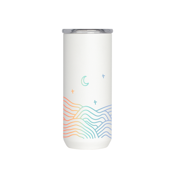 A Chill Hills 16 oz. Everyday Tumbler. Tumbler is white with ombre rainbow "hills" on the bottom with a moon and twinkle stars in the same ombre.