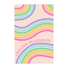 A pink poster with rainbow paths twisting back and forth, with 