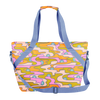 Psych Flower Ice Queen tote with blue strap. Green, pink, and orange patterns.