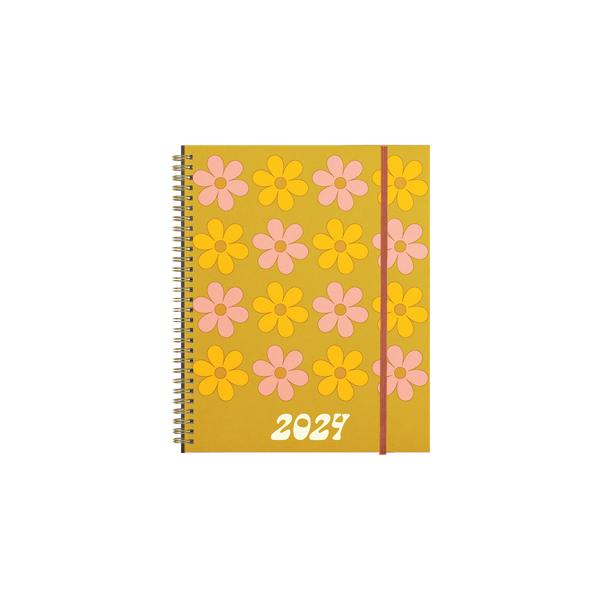 Mustard yellow with a hint of green cover with multi pink and yellow daisys with medium "2024" on the bottom center.
