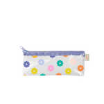 Clear vinyl pencil pouch with multi-color daisies ; blue zipper enclosure at top