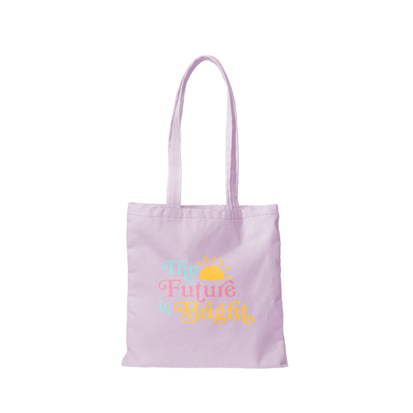 Lavender canvas tote bag says the future is bright in colorful lettering with a sunshine.