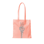 bright coral pink canvas tote bag with skeleton peace sign hand on front.