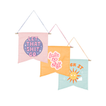 grouping of three cute hanging wall style pennants with different sayings